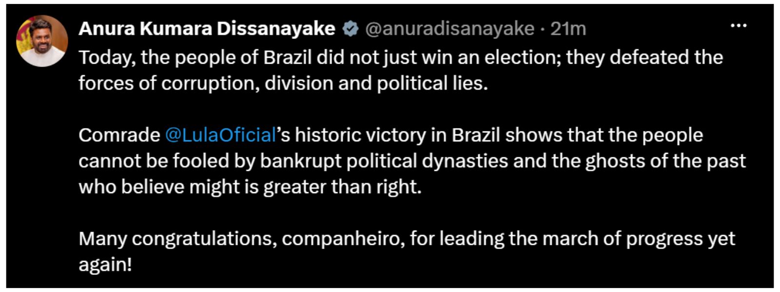 ‘People Cannot Be Fooled’: AKD On Lula’s Victory